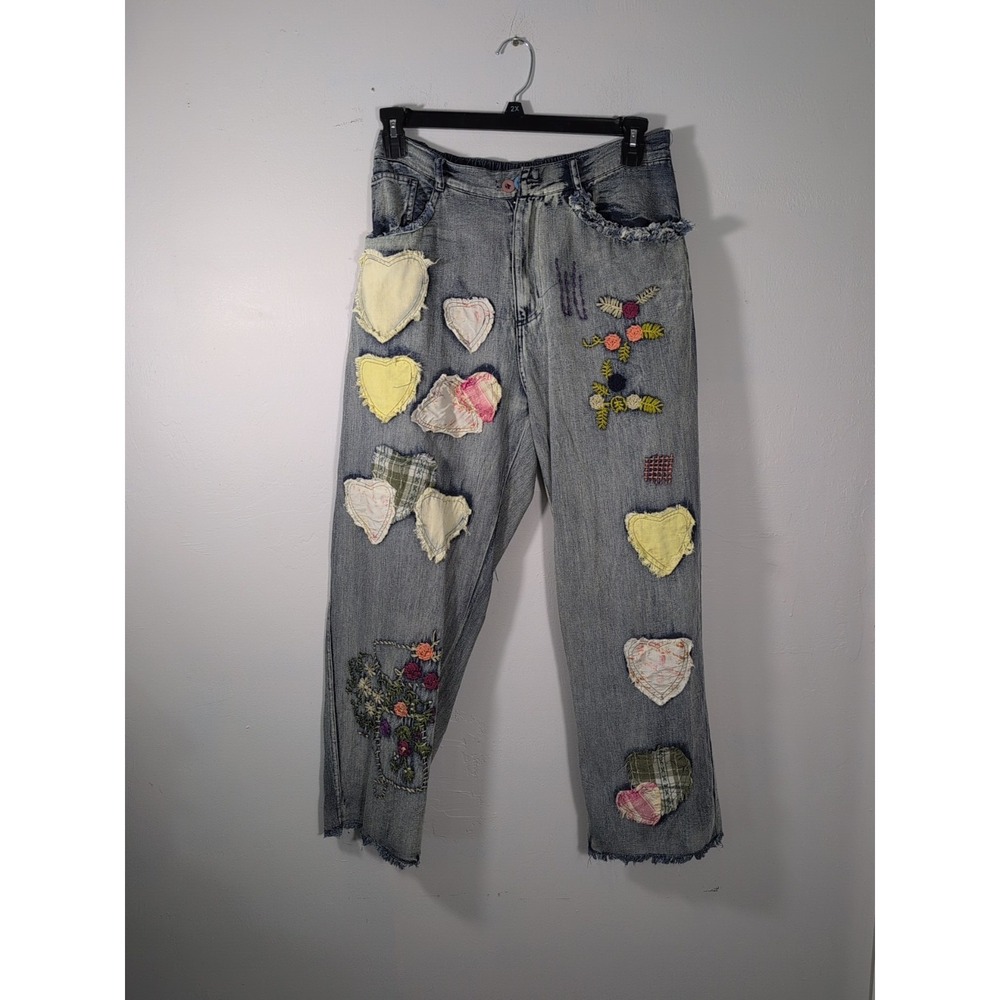 Blue Velvet Baggy Distressed Patchwork Boho Hippie Festival Jeans Large - Picture 2 of 16